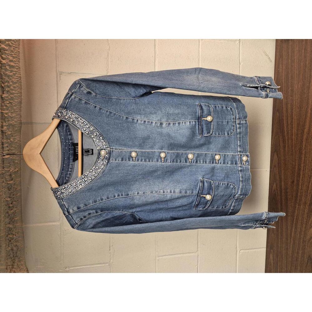 Joseph Ribkoff Women's Denim Jacket with Pearl and Stud Embellishments